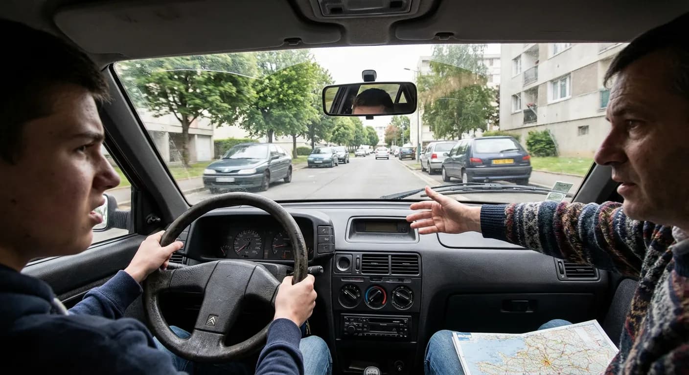 Scène typique d'une leçon de conduite des années 90 en France, montrant l'expérience des jeunes conducteurs.