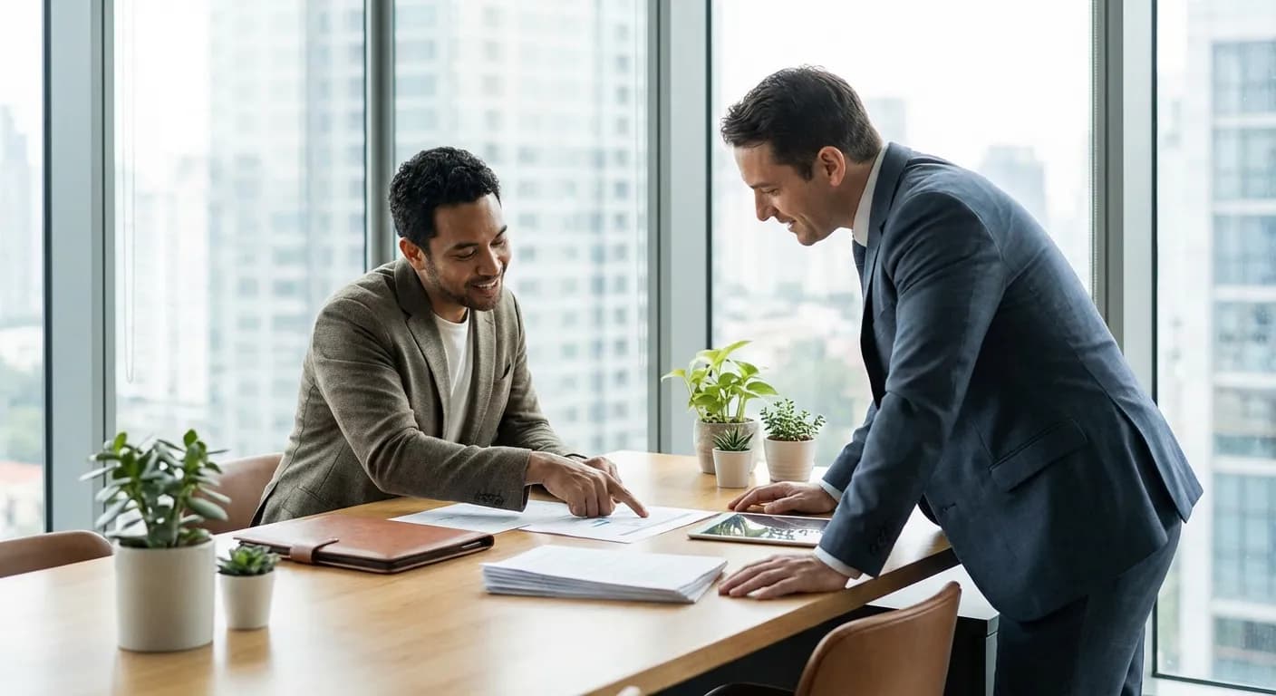 Client et conseiller Eurotopcar examinant des documents d'achat de voiture, ambiance professionnelle et lumineuse.