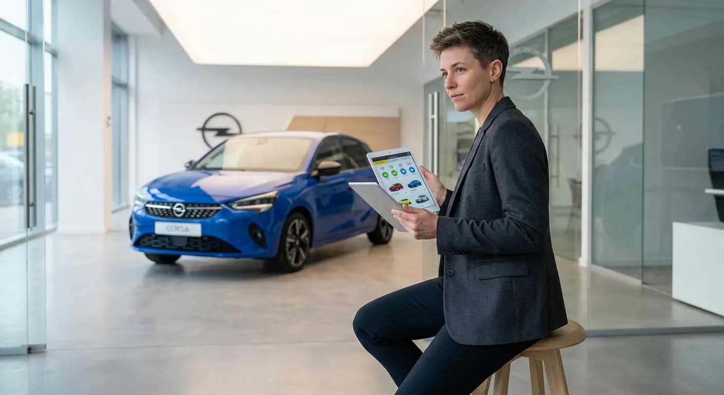 Personne consultant des offres pour la nouvelle Opel Corsa sur une tablette dans un showroom moderne.