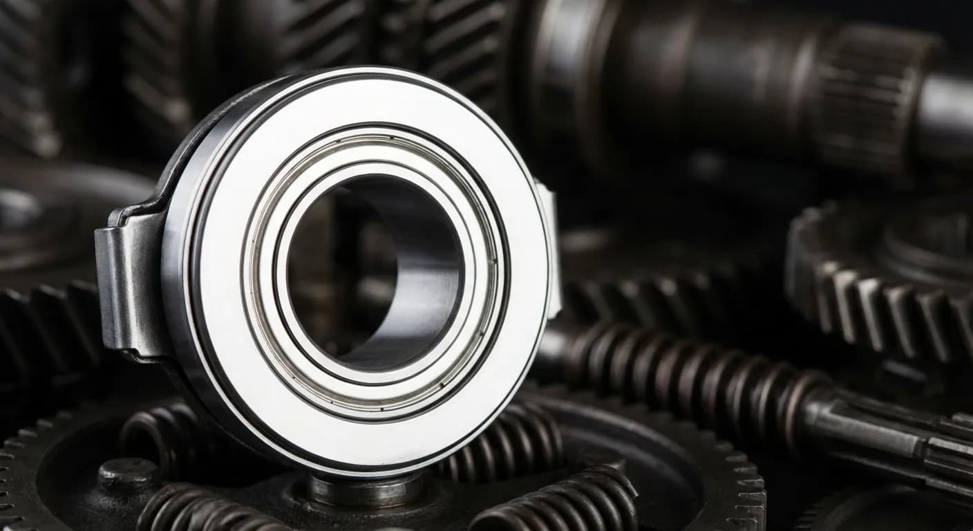 Miniature: Grosse plan sur une butée d'embrayage neuve, brillante et non fonctionnelle, contraste élevé.