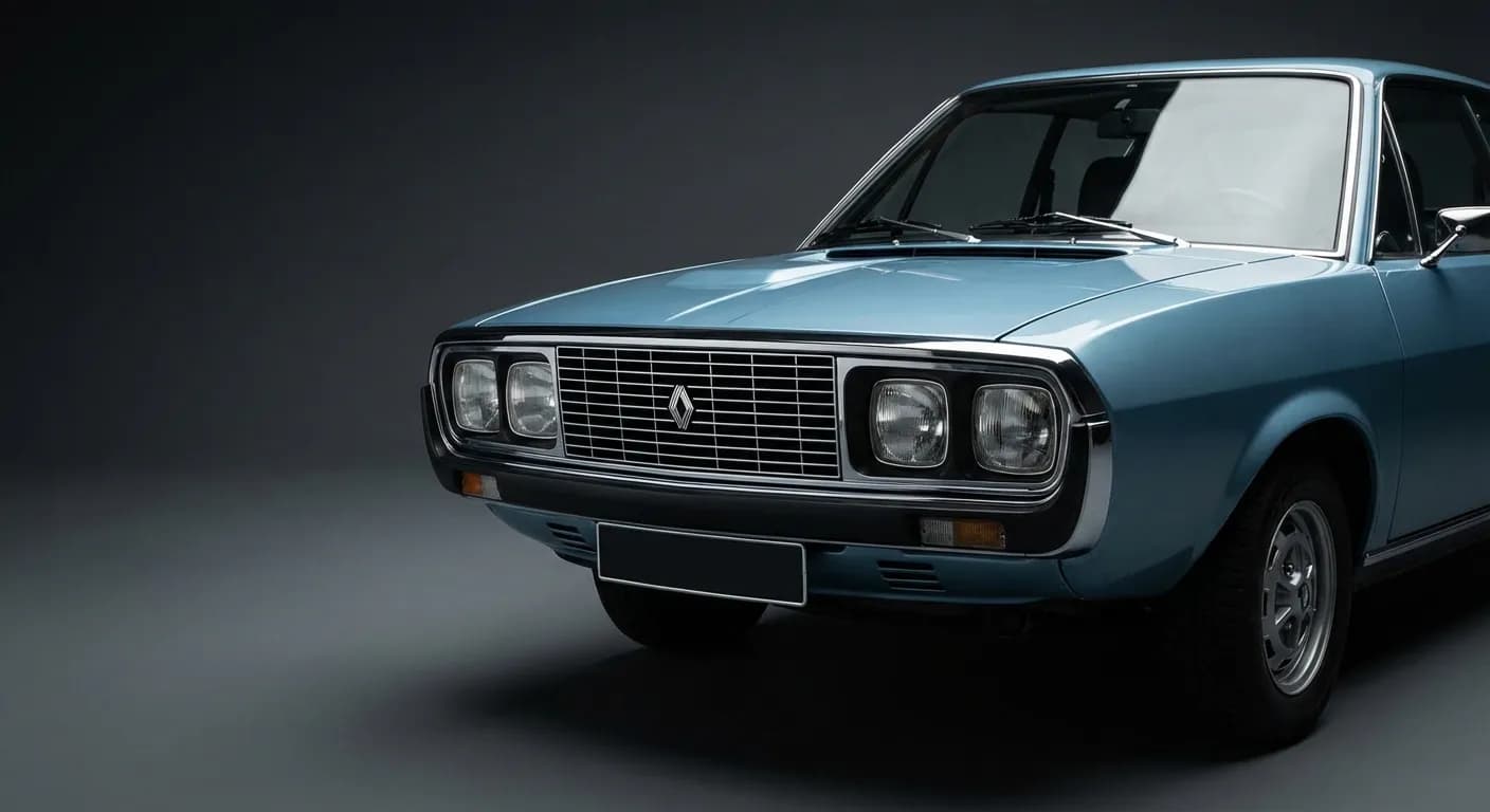 Détail emblématique de la face avant d'une Renault 15 GTL des années 70, phares et calandre.