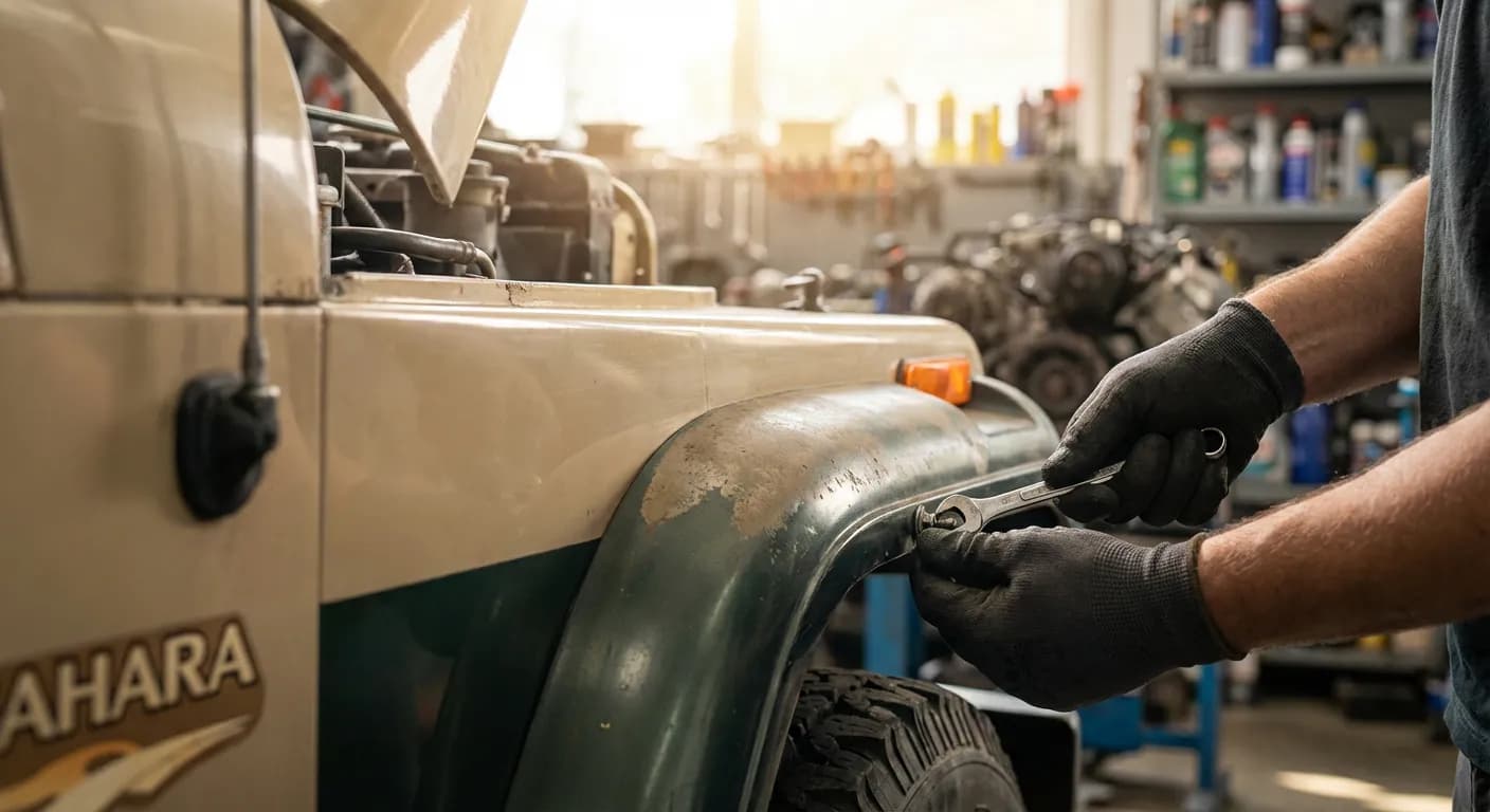 Des mains gantées travaillant méticuleusement sur les détails d'une réplique de la Jeep Wrangler YJ Sahara de Jurassic Park dans un atelier.