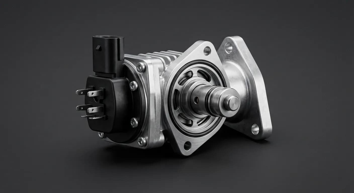 Miniature d'une vanne EGR neuve et propre, avec un focus détaillé sur ses composants, prête pour un diagnostic ou un remplacement.