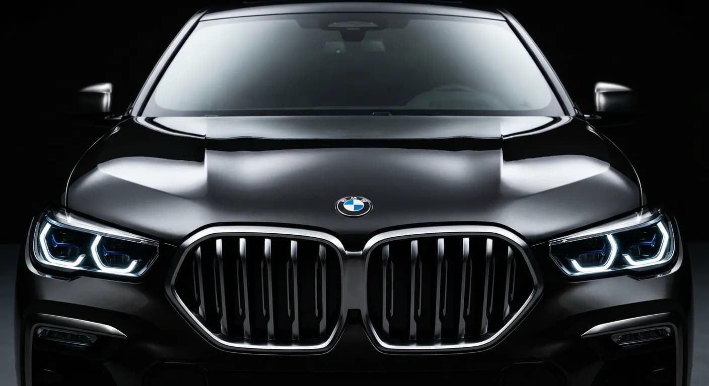 Miniature : Gros plan emblématique de la calandre noire et des phares LED perçants du BMW X6 M50d, avec un fort contraste, parfait pour la visibilité mobile.
