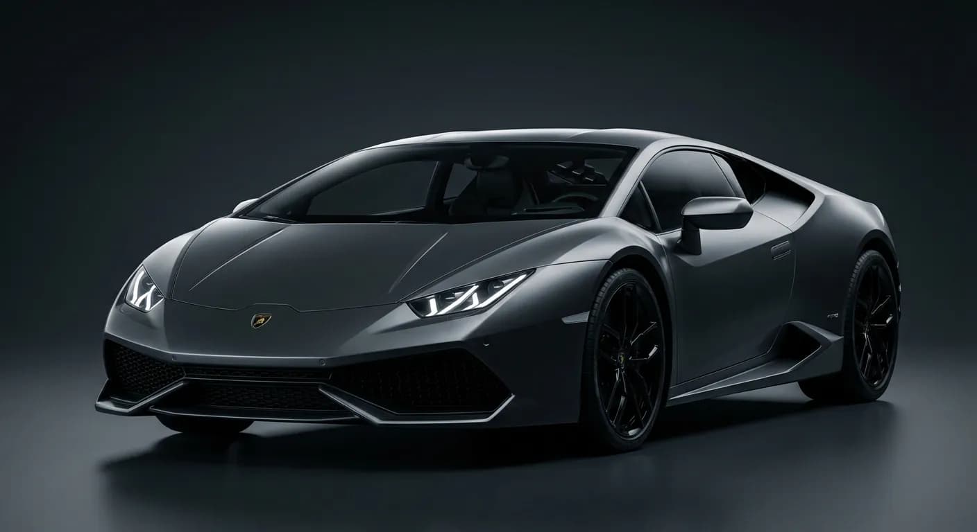 Gros plan emblématique de l'avant d'une Lamborghini Huracán LP 610-4, mettant en valeur ses lignes agressives et ses phares LED.
