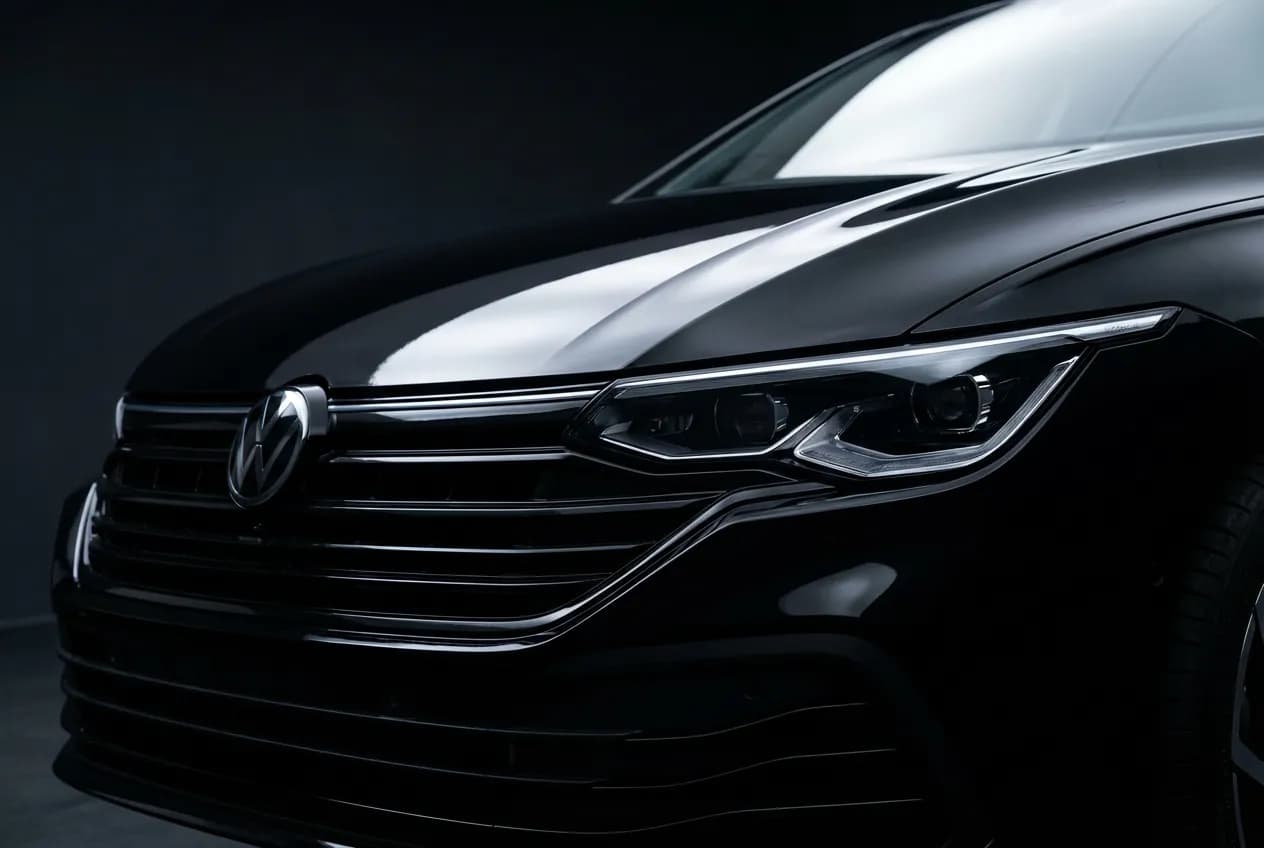 Gros plan minimaliste et contrasté de la calandre et des phares LED avant d'une Volkswagen Golf 8.