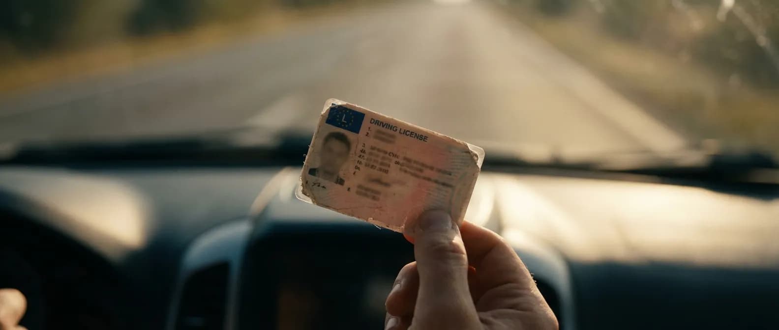 Une main tient un permis de conduire, avec un éclairage cinématographique suggérant l'importance et la fragilité du document.