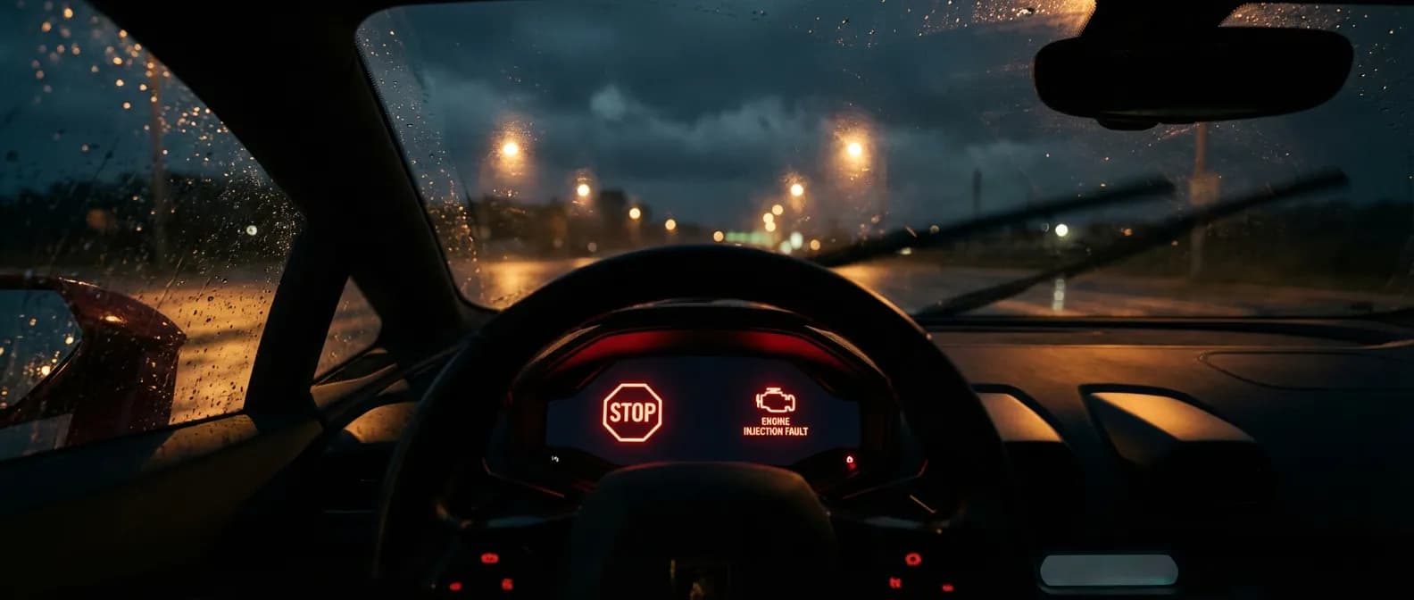 Tableau de bord de voiture moderne avec voyant STOP et défaut d'injection allumés, ambiance nocturne urgente sur route mouillée.
