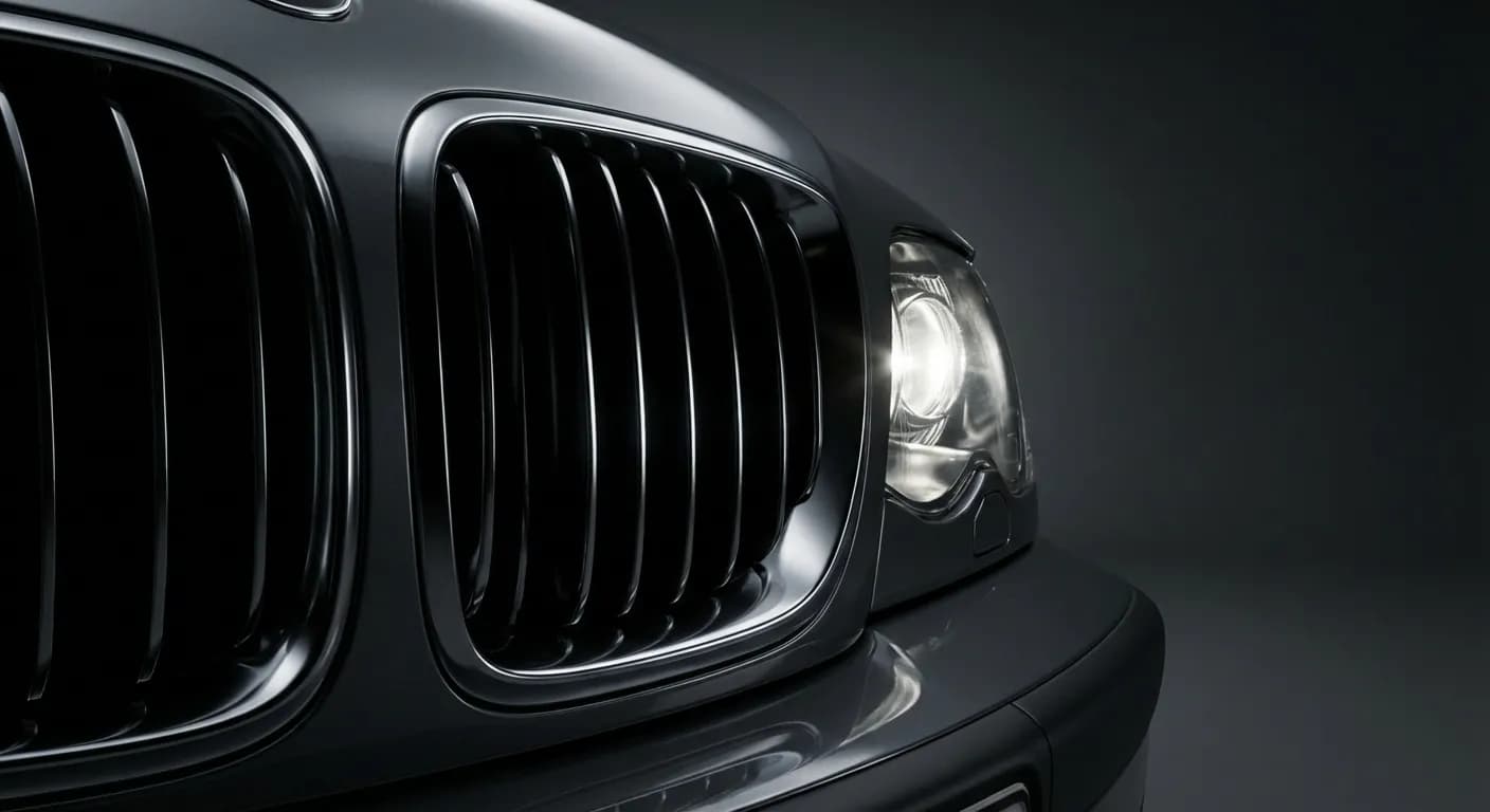 Gros plan minimaliste et contrasté sur la calandre et le phare d'une BMW E46 320d.