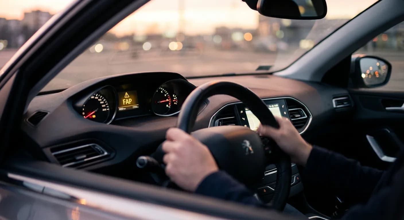 Tableau de bord de Peugeot 308 avec voyant FAP allumé, ambiance crépusculaire et cinématique.