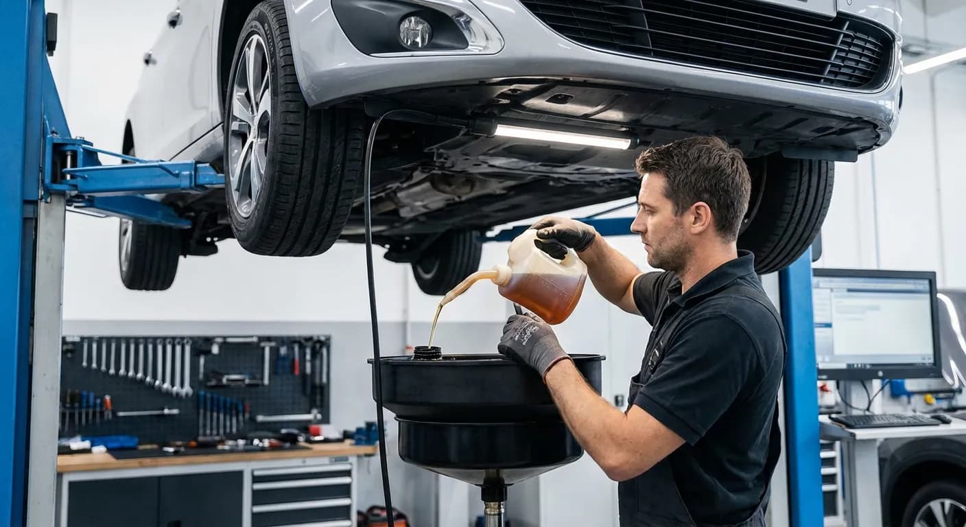 Mécanicien remplissant l'additif FAP d'une Peugeot 308 sur un pont élévateur, gros plan sur l'action.