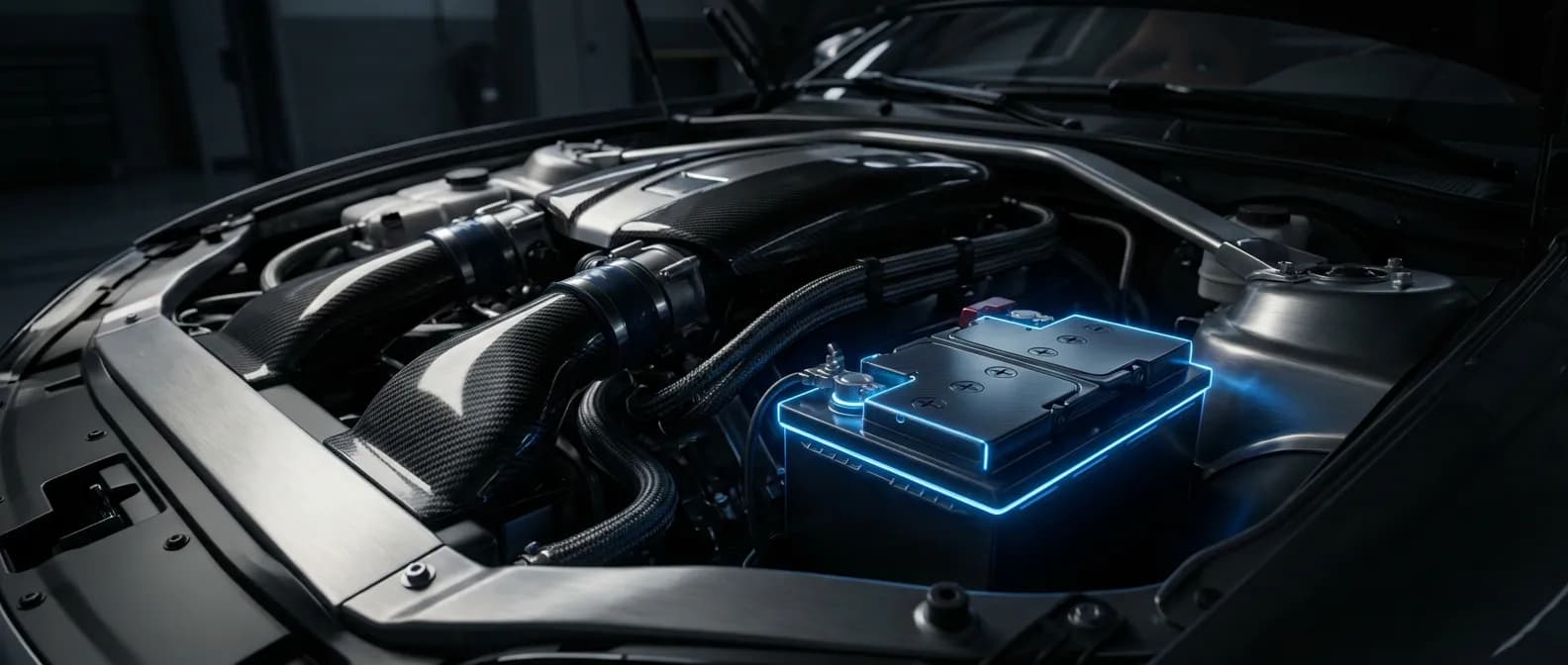 Image de bannière montrant un compartiment moteur de voiture moderne, avec une batterie de voiture mise en valeur par une lumière dramatique.