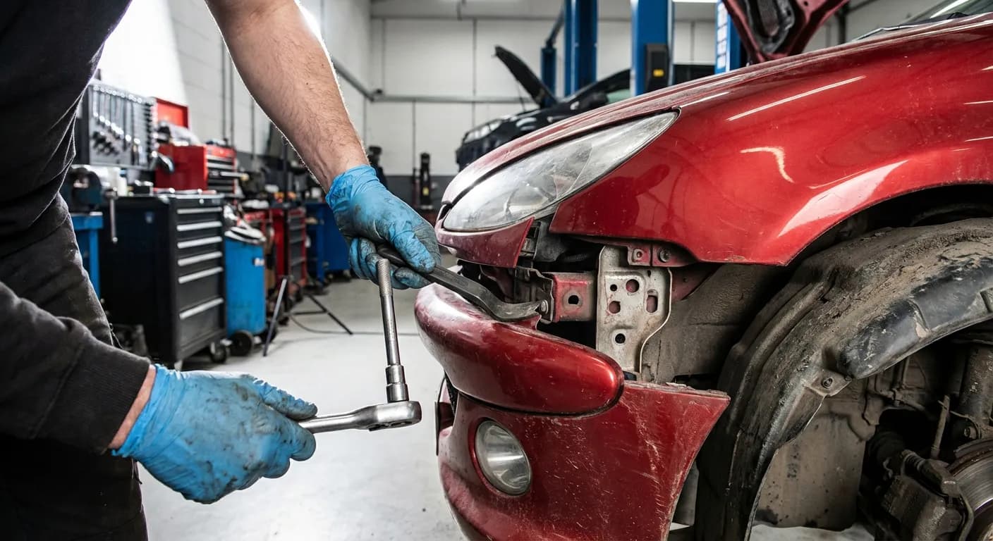 Mains de mécanicien remplaçant le pare-choc avant d'une Peugeot 206 GT dans un garage professionnel, mettant en évidence les outils.