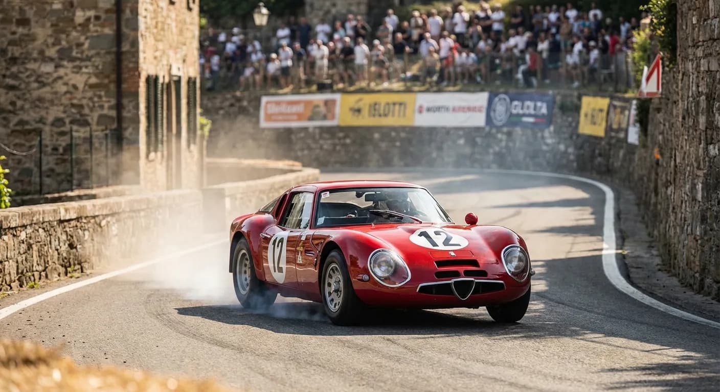 Illustration dynamique d'une Alfa Romeo TZ2 en plein virage sur une piste de course européenne ensoleillée, avec un arrière-plan flou pour exprimer la vitesse.