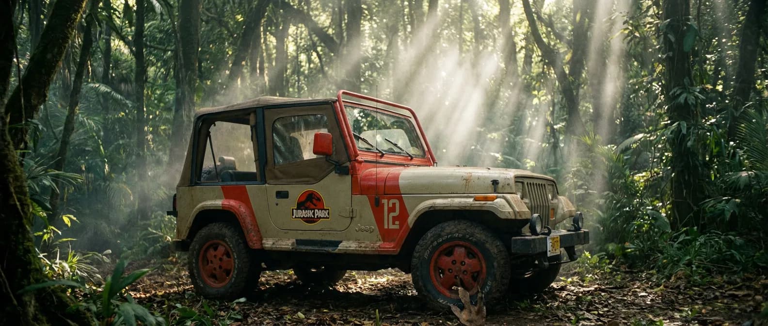 Une Jeep Wrangler YJ Sahara emblématique de Jurassic Park, majestueusement garée dans une jungle luxuriante sous des rayons de soleil dramatiques.