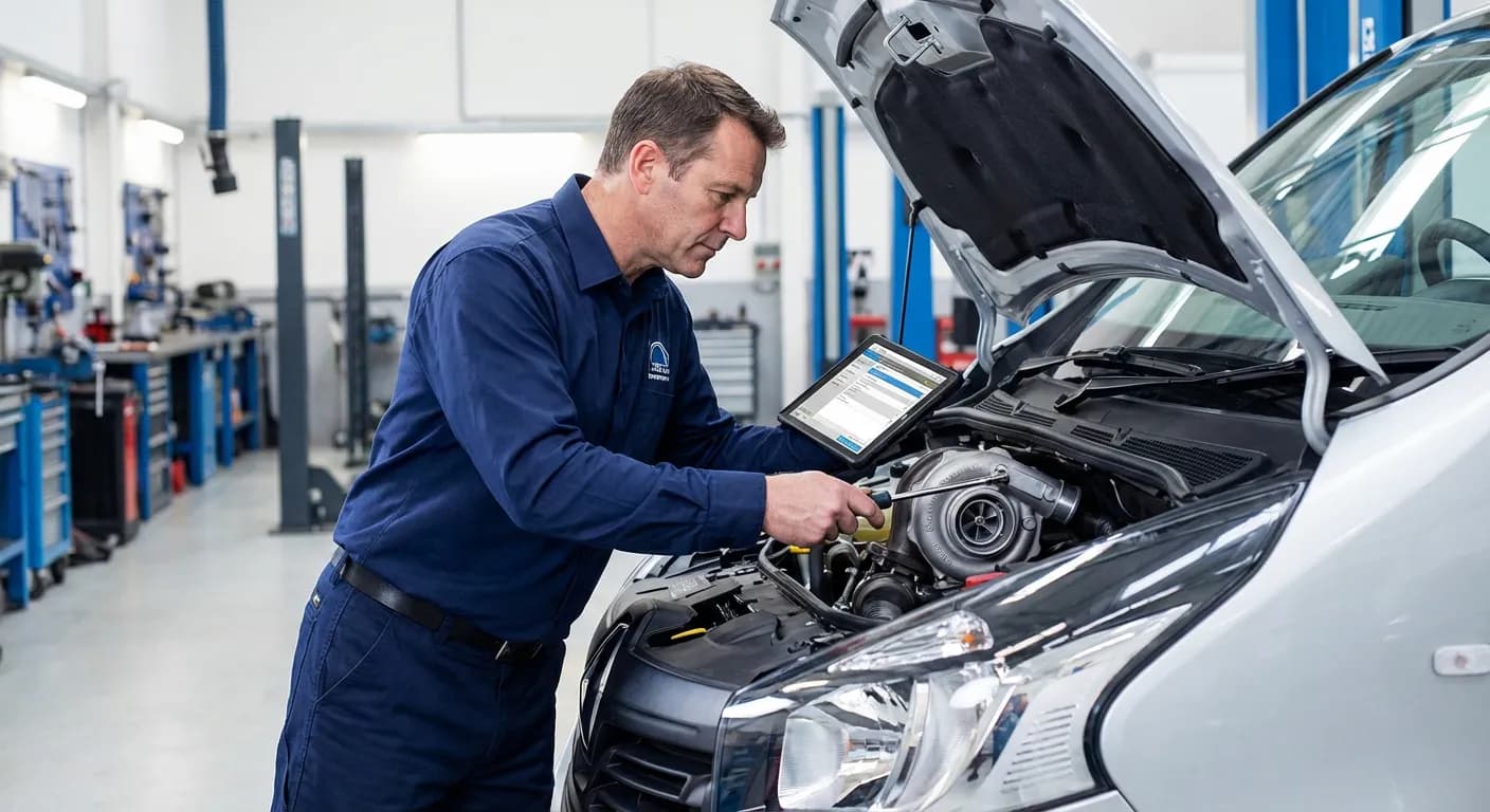 Mécanicien expert effectuant un diagnostic moteur sur un Renault Trafic 1.6 dCi dans un atelier moderne.