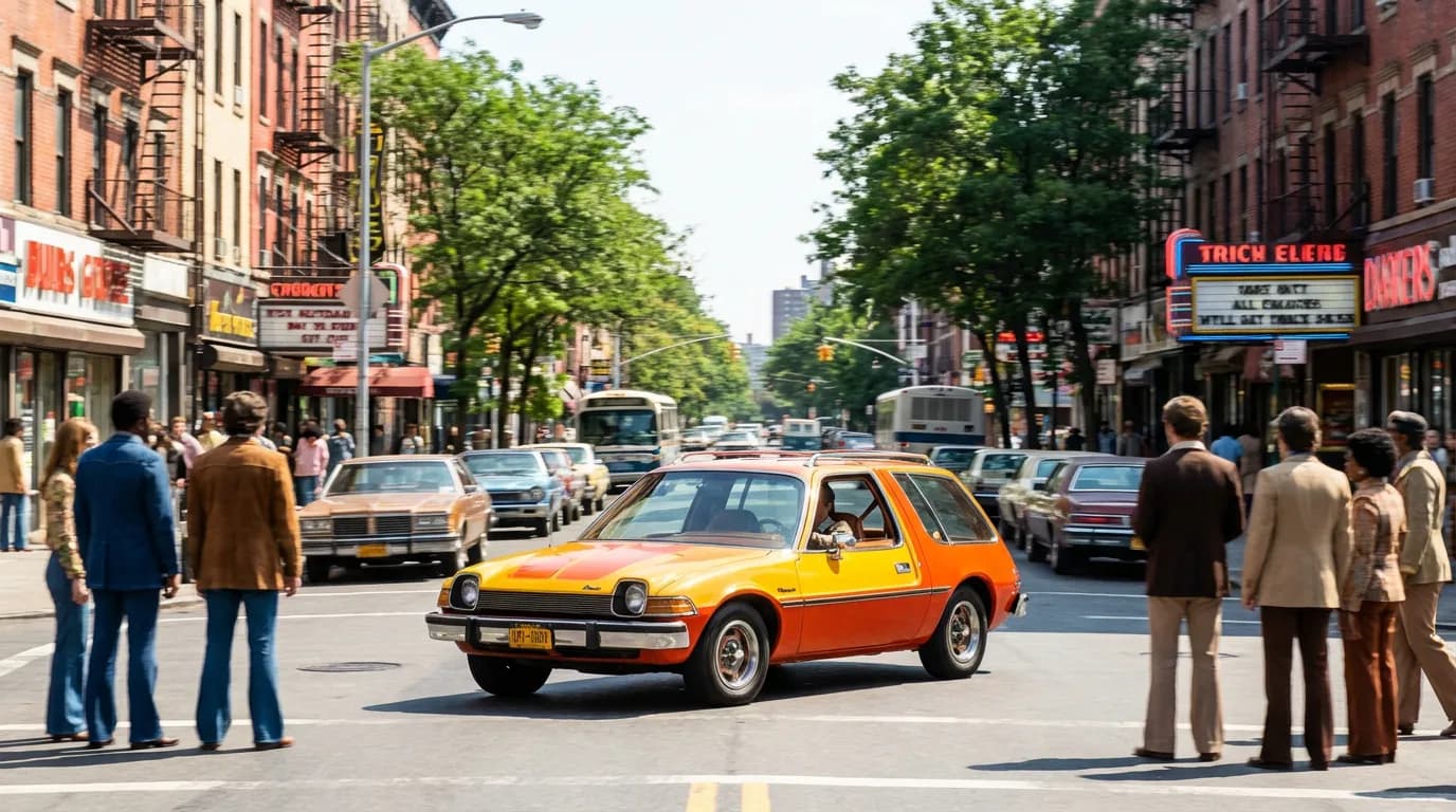 Scène d'action d'une AMC Pacer roulant dans une rue de ville rétro, capturant son esprit pop culture.