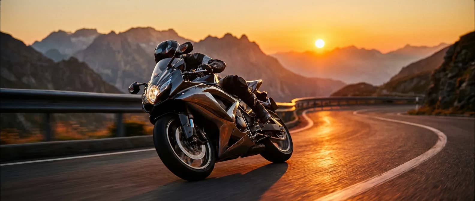 Image de bannière: Une moto 125 4 temps moderne débridée roulant à vive allure sur une route de montagne au coucher du soleil, évoquant la puissance et la liberté. Style cinématographique épique.