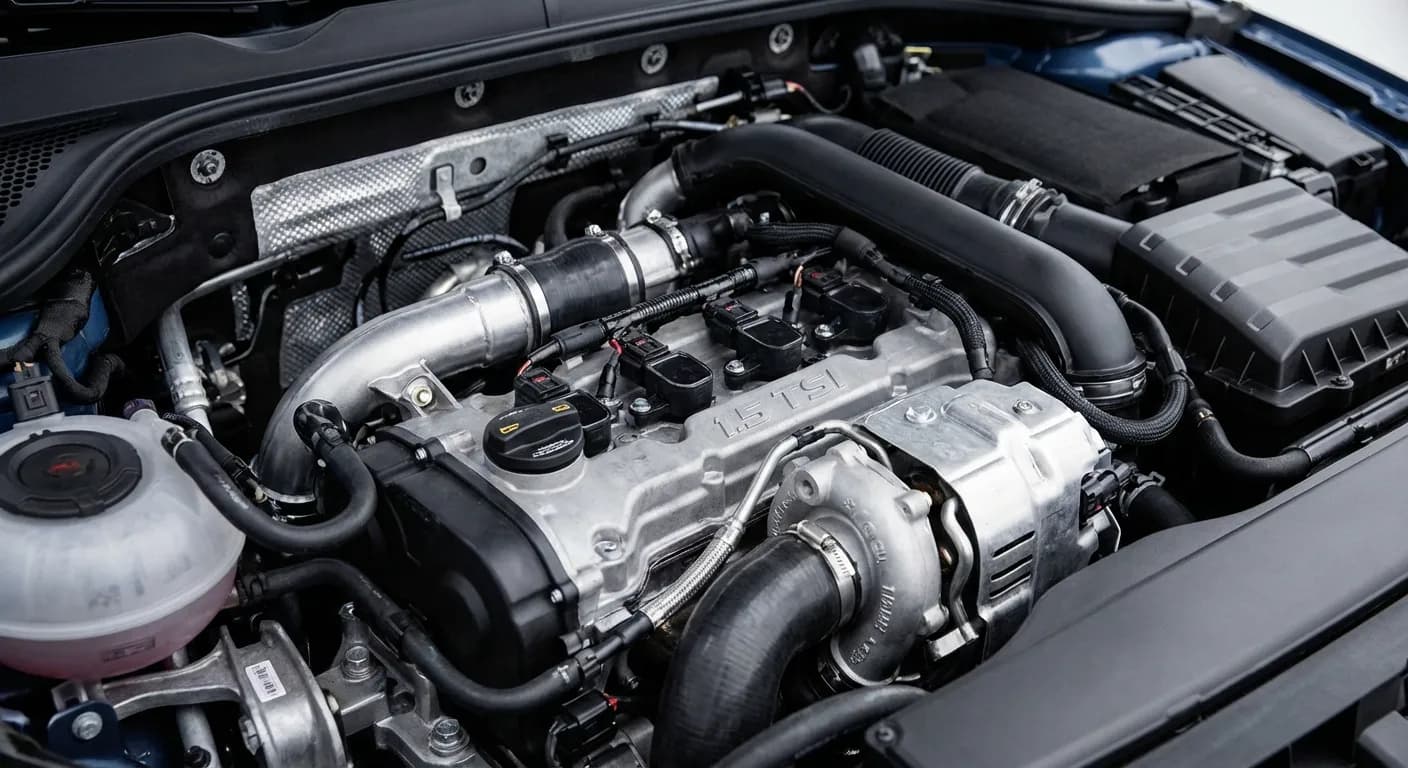 Vue détaillée du moteur Volkswagen 1.5 TSI 150 cv sous le capot d'une Golf 8, montrant ses composants techniques.