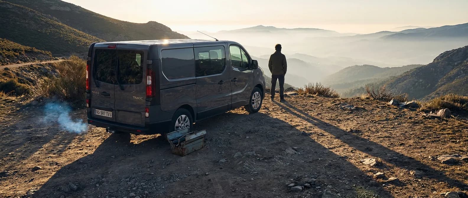 Image de bannière épique d'un Renault Trafic 1.6 dCi en panne sur une route de campagne au lever du soleil.