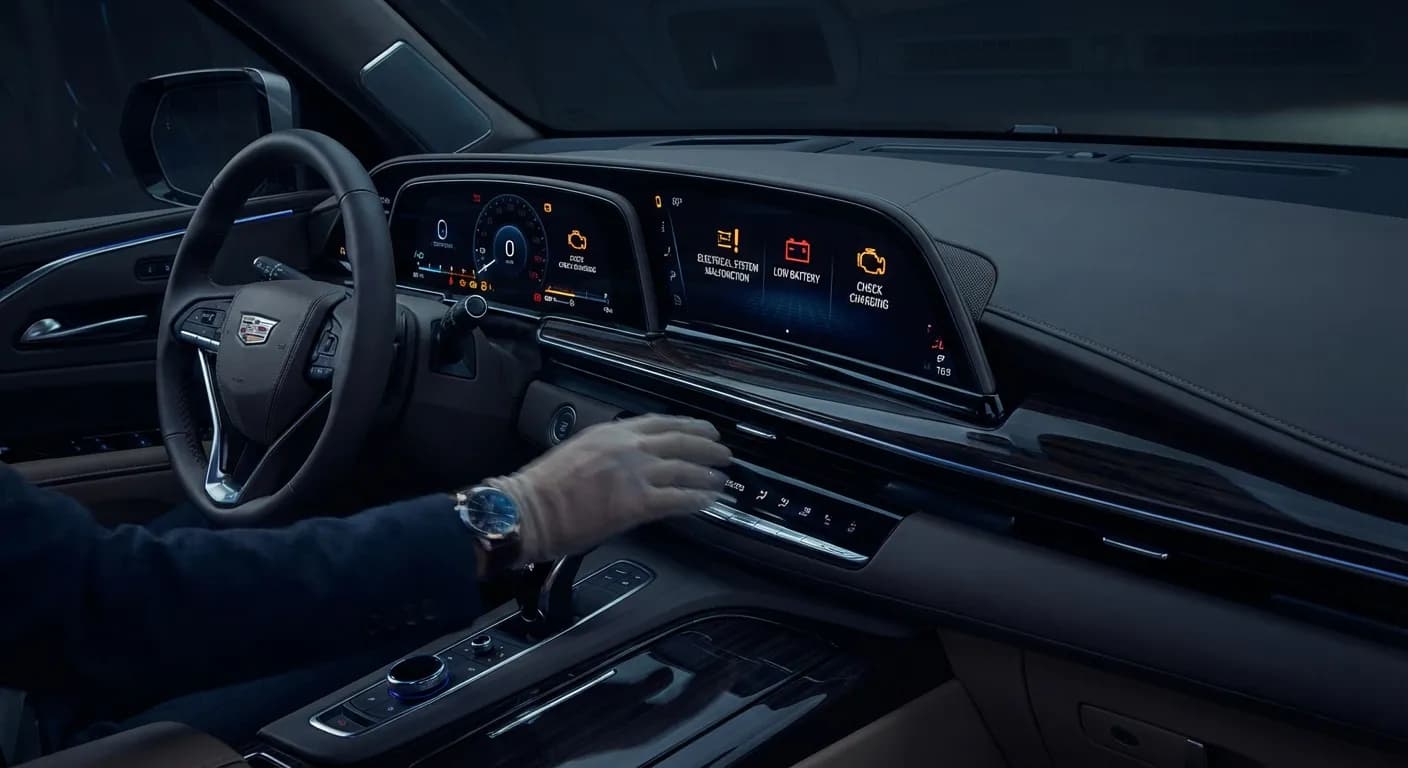 Tableau de bord de voiture moderne affichant des voyants d'erreur dus à une batterie faible, soulignant l'impact électronique.