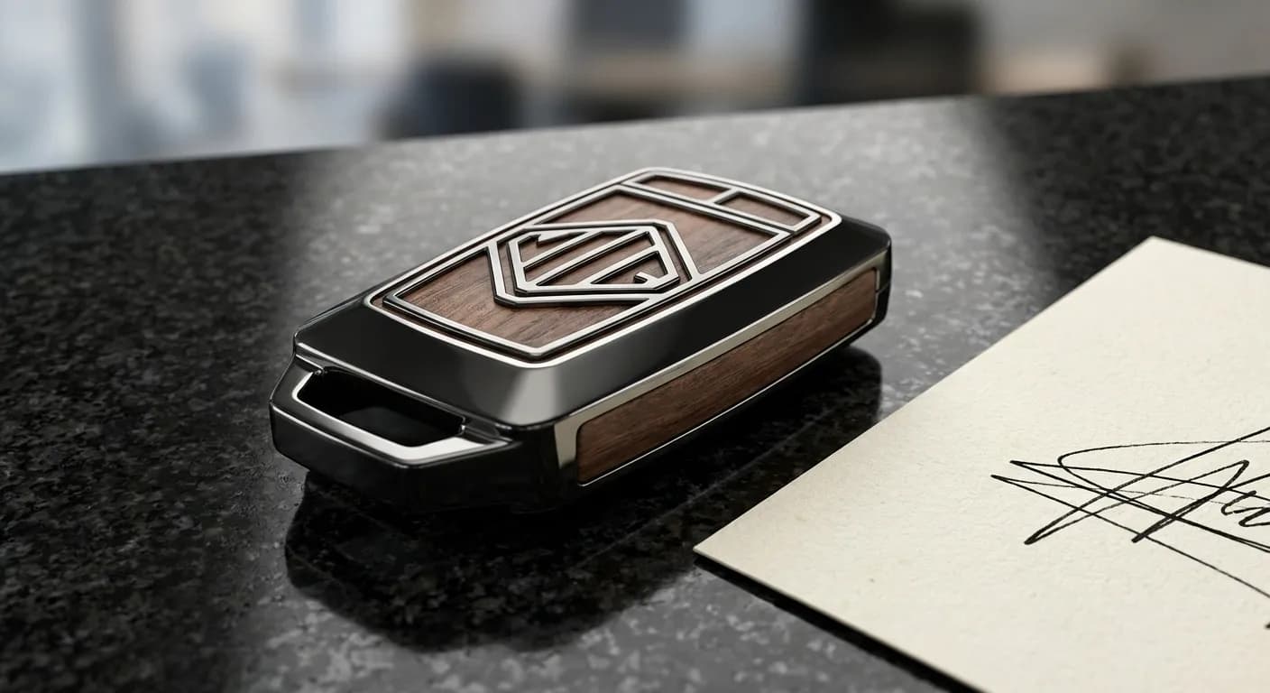 Clé de voiture stylisée posée sur un contrat, symbolisant l'achat et la transaction.