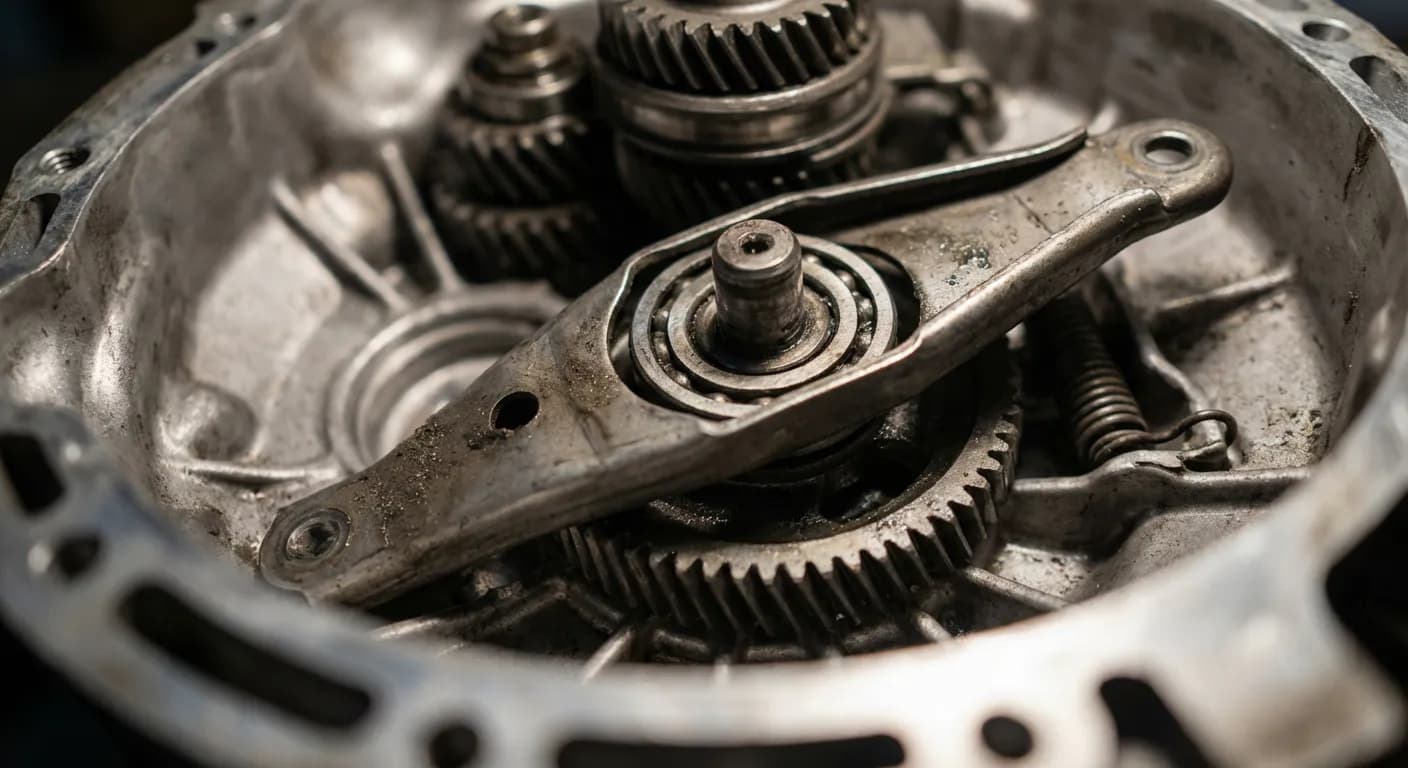 Illustration: Détail macro d'une fourchette d'embrayage tordue à l'intérieur de la boîte de vitesses, cause de blocage.