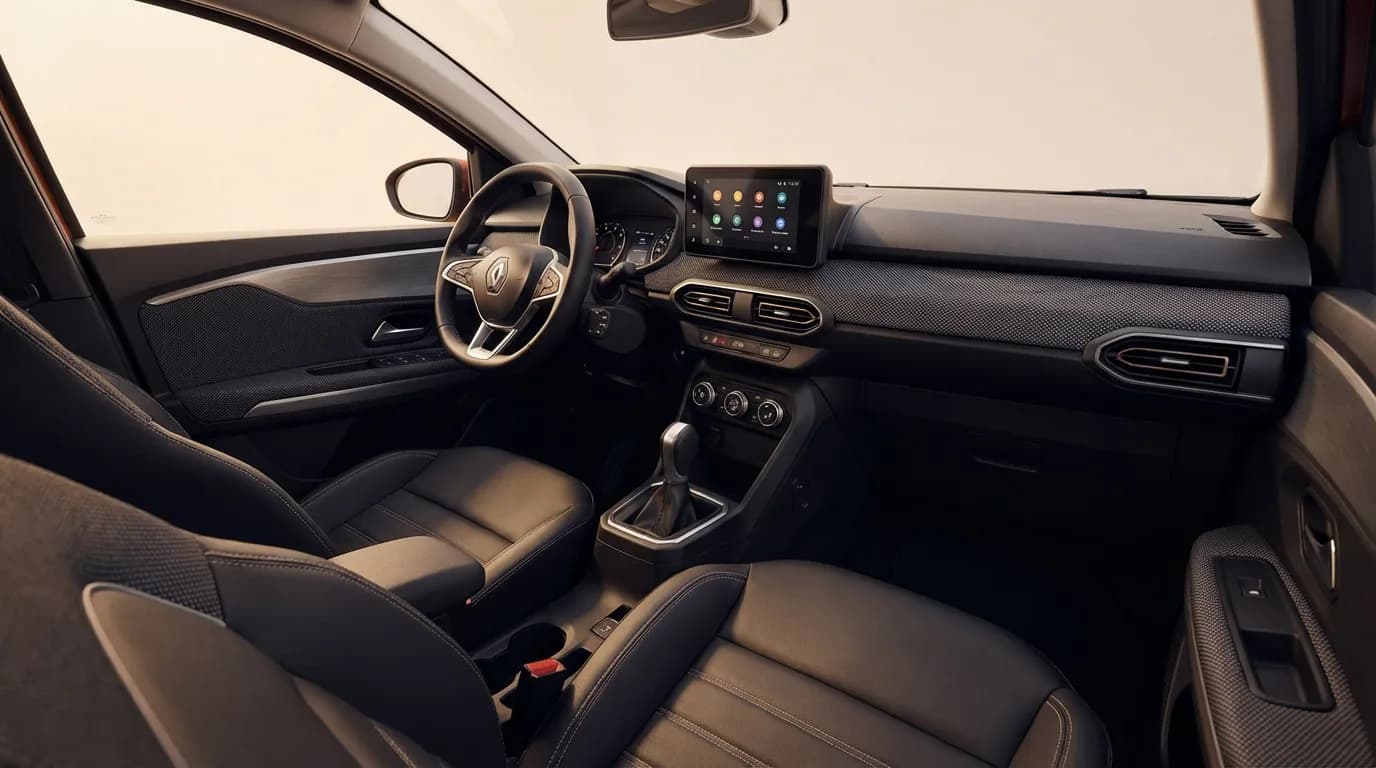 Vue de l'habitacle du Renault Kardian, mettant en avant son écran d'infodivertissement, ses matériaux haut de gamme et son ambiance technologique et confortable.