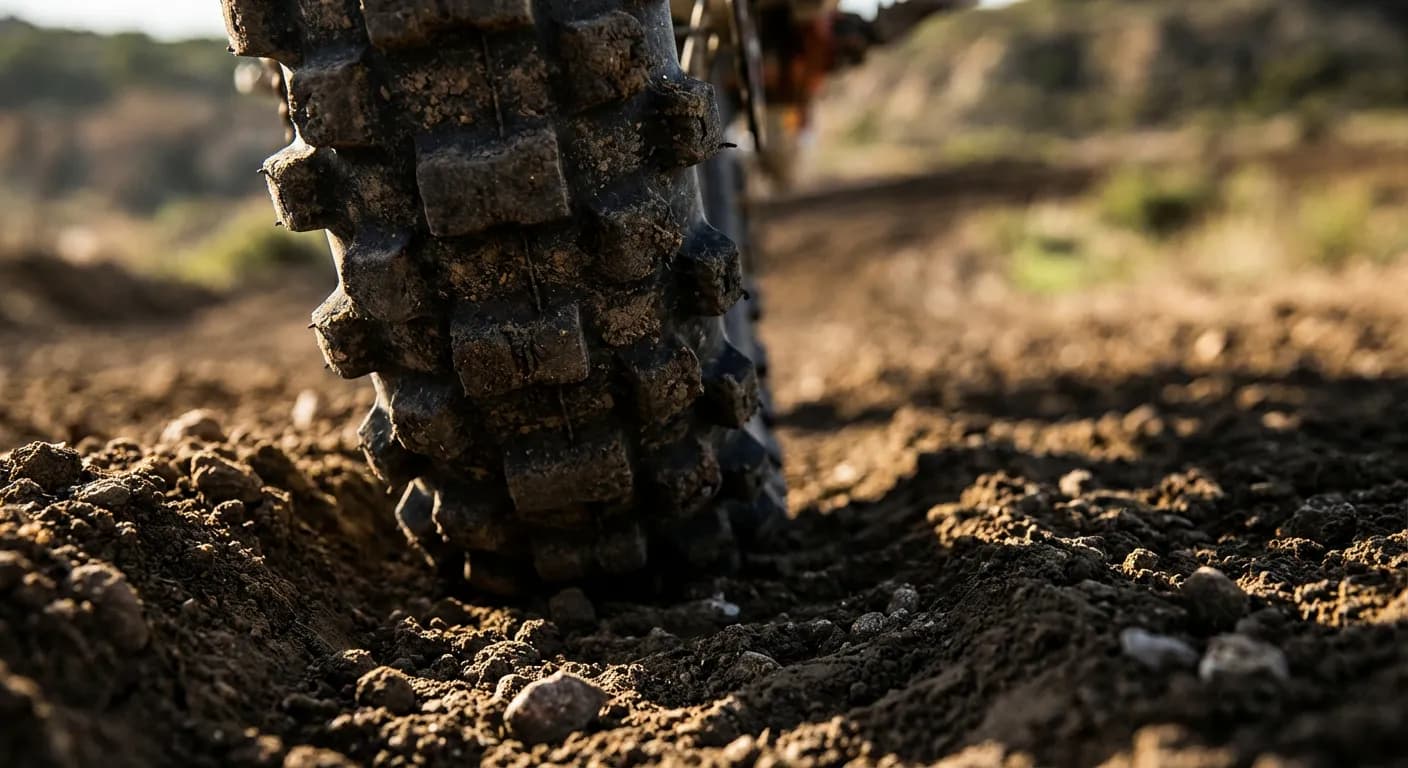 Gros plan sur un pneu de moto cross sur un chemin, symbolisant la question de la légalité.