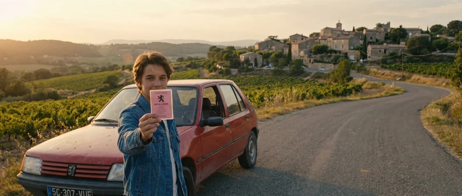 Jeune conducteur des années 90 affichant fièrement son permis de conduire devant une voiture d'époque, illustrant le coût du permis en 1990.