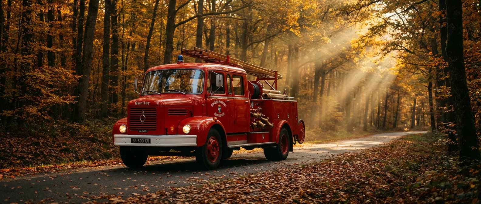 Vue panoramique épique d'un ancien camion de pompier français rouge vif roulant sur une route sinueuse en forêt sous la lumière dorée du coucher de soleil.
