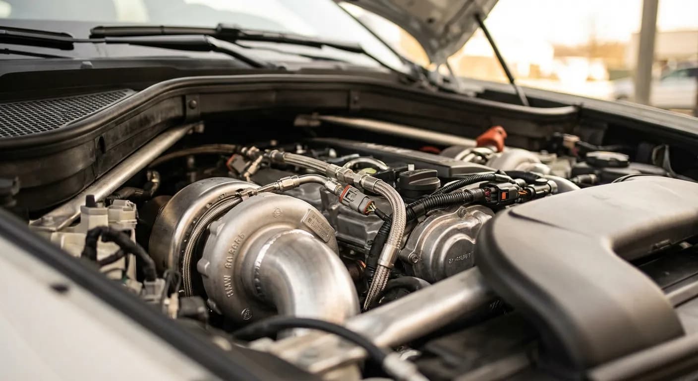 Illustration : Vue macro détaillée des composants mécaniques complexes du moteur diesel du BMW X6 M50d, mettant en évidence l'ingénierie de précision pour la fiabilité et l'entretien.