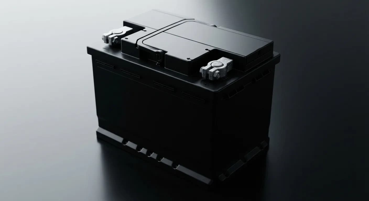 Miniature d'une batterie de voiture seule, gros plan minimaliste et contrasté.