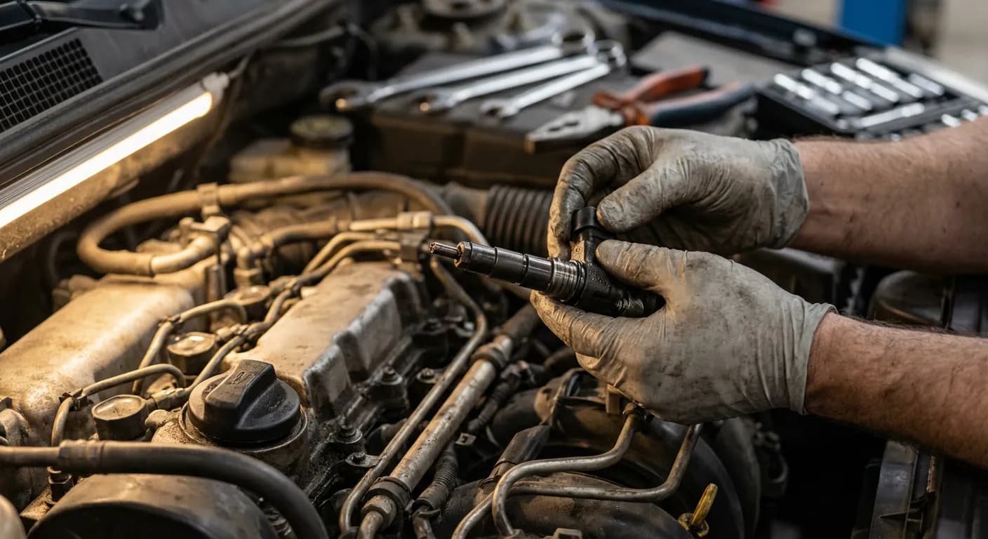 Mains de mécanicien examinant un injecteur de carburant dans le moteur d'une voiture, diagnostic technique.