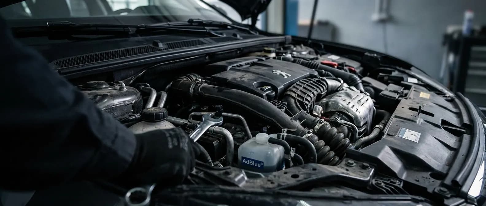 Vue cinématique du compartiment moteur d'une Peugeot 308 moderne, mettant en évidence le système d'injection AdBlue avec un éclairage dramatique.