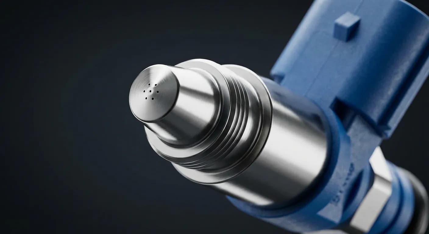 Gros plan iconique d'un injecteur AdBlue neuf et brillant sur fond minimaliste, illustrant la pièce maîtresse du système.