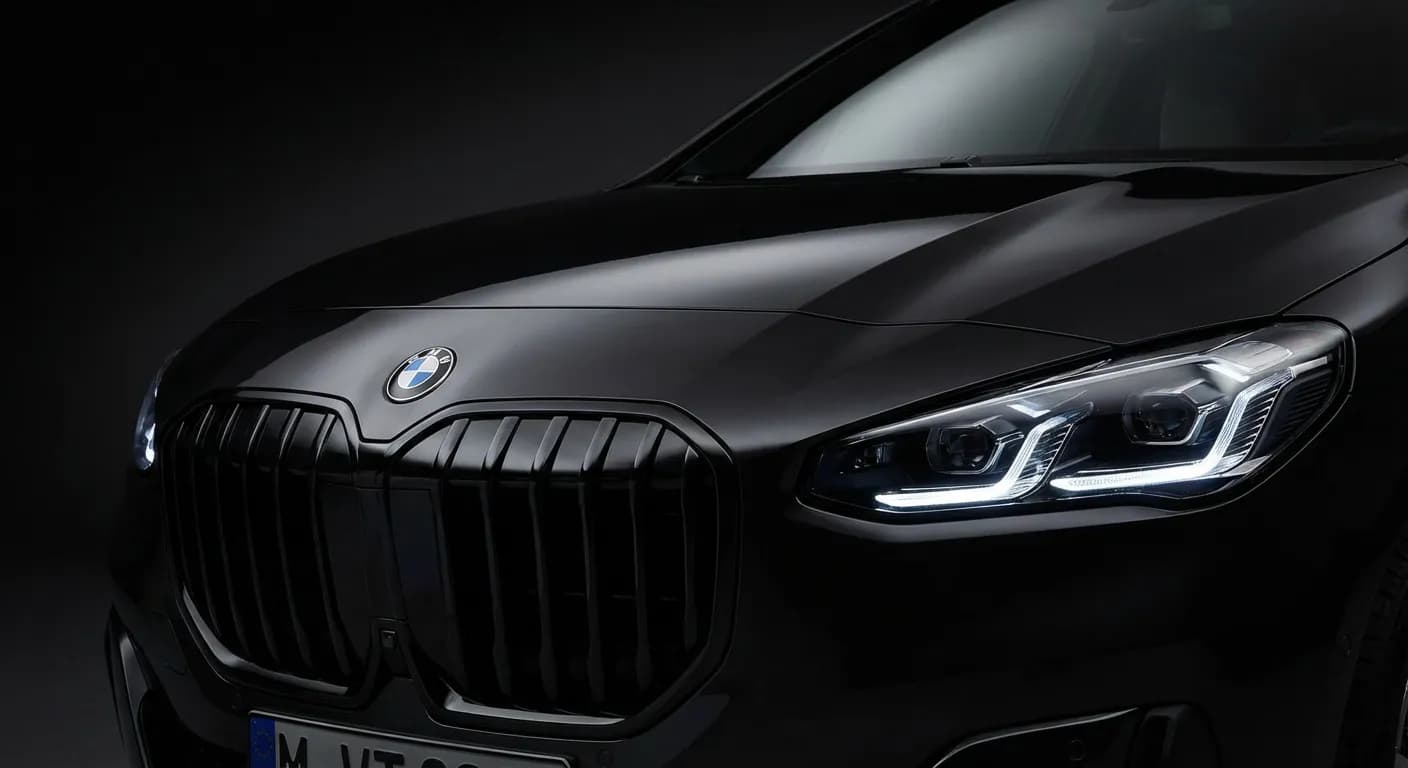 Face avant iconique du BMW 216d Active Tourer, phares LED