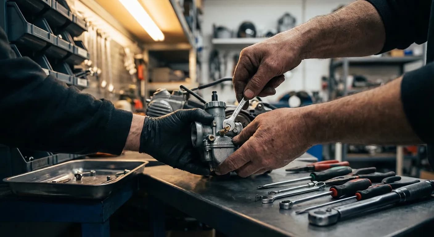 Illustration: Un mécanicien expert travaillant sur le moteur d'une moto 125 4 temps, illustrant les techniques de débridage avec précision. Style éditorial.