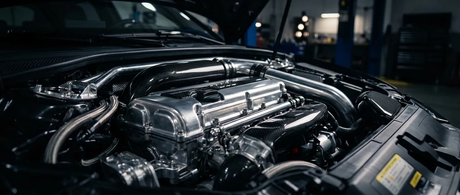 Moteur 2.0 TFSI EA113 de 265 ch, architecture sportive, sous un éclairage studio dramatique.