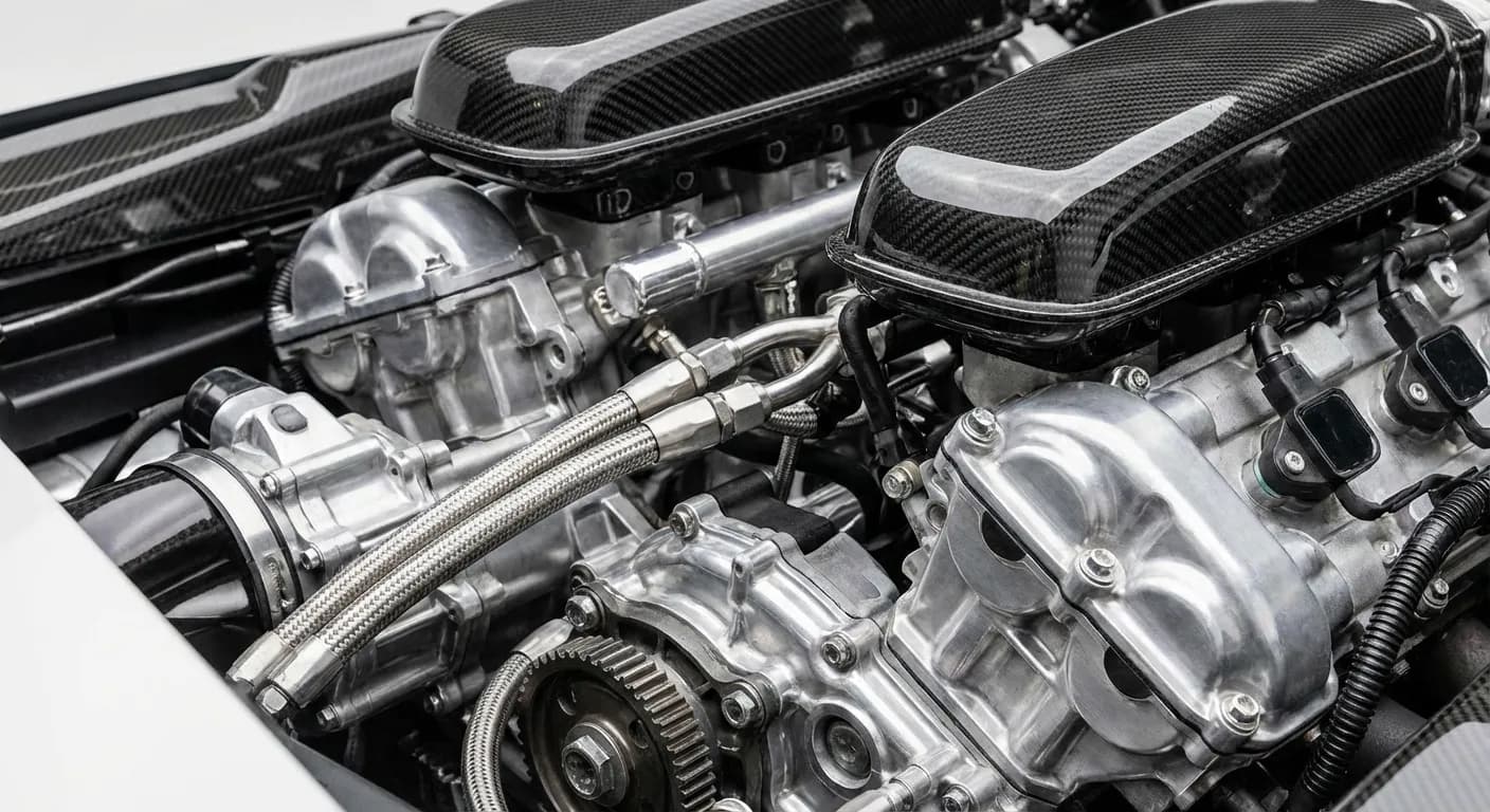 Vue macro détaillée du moteur V10 de la Lamborghini Huracán LP 610-4, révélant ses composants sophistiqués et la fibre de carbone.