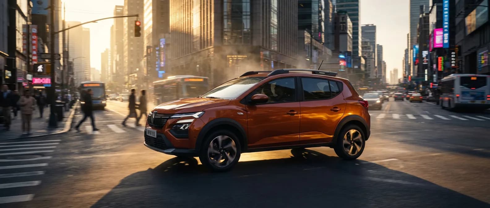 Vue cinématique du nouveau SUV urbain Renault Kardian roulant au crépuscule, lumière dorée et reflets sur la carrosserie élégante, en plein cœur de la ville.