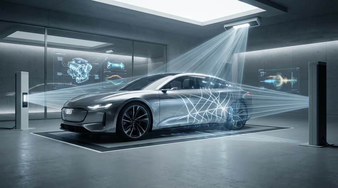 Voiture de luxe moderne dans un garage high-tech subissant un diagnostic électronique avancé avec des faisceaux lumineux et des affichages holographiques.