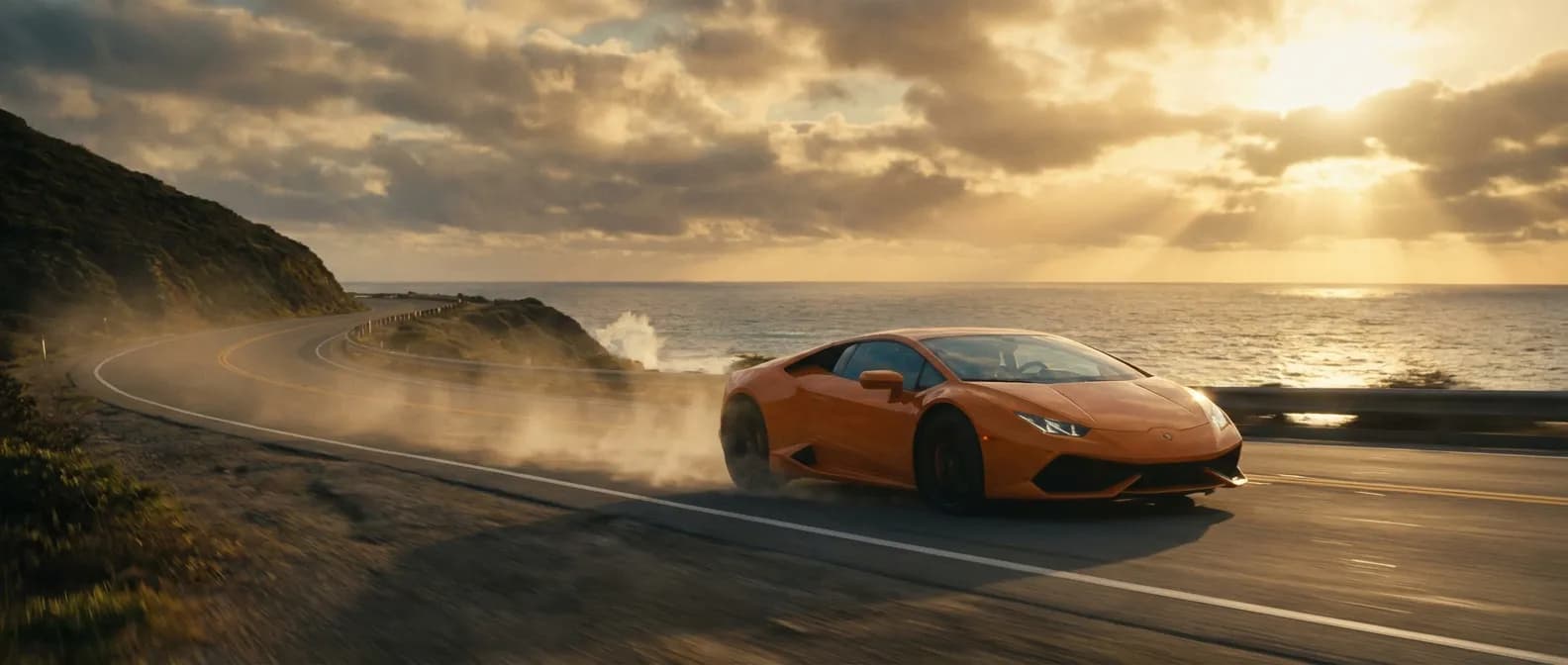 Une Lamborghini Huracán LP 610-4 rouge éclatante sur une route côtière sinueuse au coucher du soleil, avec un paysage époustouflant en arrière-plan.