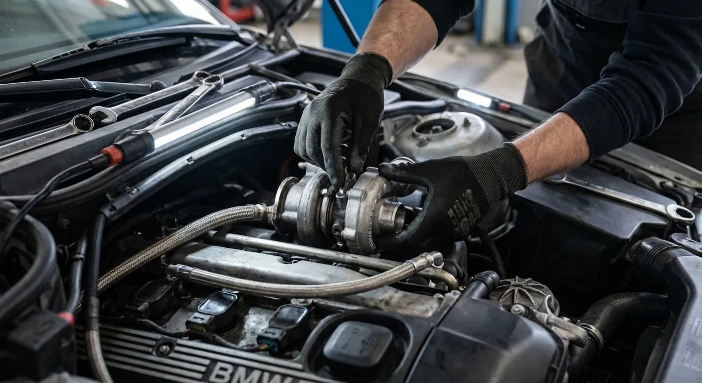 Mécanicien qualifié inspectant un composant moteur d'une BMW E46 320d dans un garage professionnel.