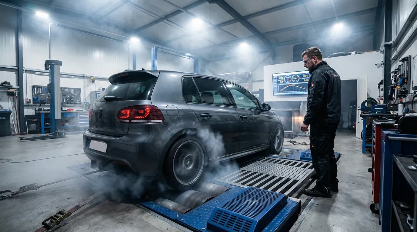 Golf 6 R préparée sur un banc d'essai, démontrant son potentiel.
