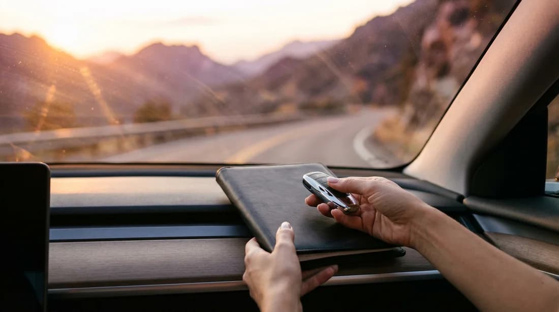 Gros plan sur des mains élégantes tenant une clé de voiture et des documents à l'intérieur d'un véhicule, avec une route sinueuse au coucher du soleil en arrière-plan, symbolisant la maîtrise de la route et de l'administration.