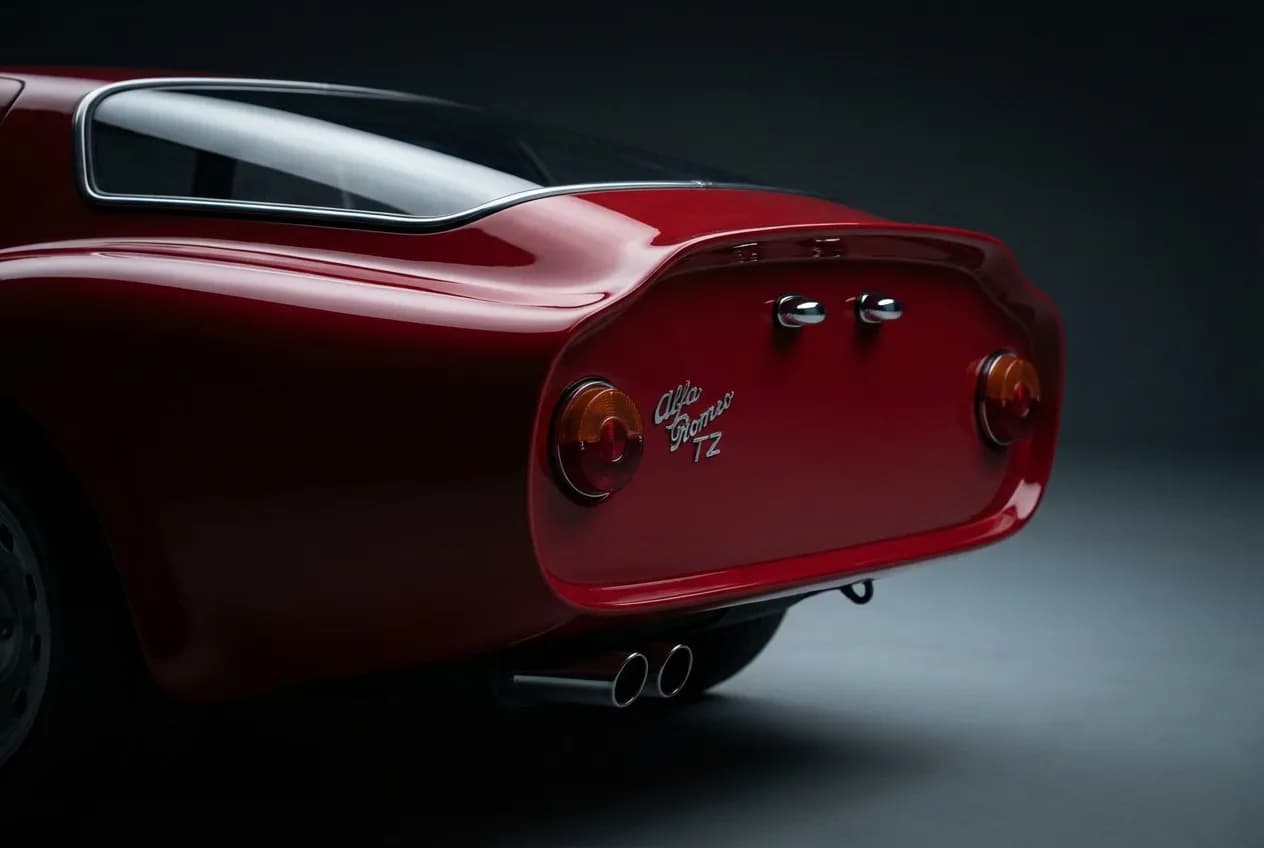 Miniature en gros plan du design arrière distinctif 'Coda Tronca' de l'Alfa Romeo TZ2, éclairée par une lumière de studio dramatique.