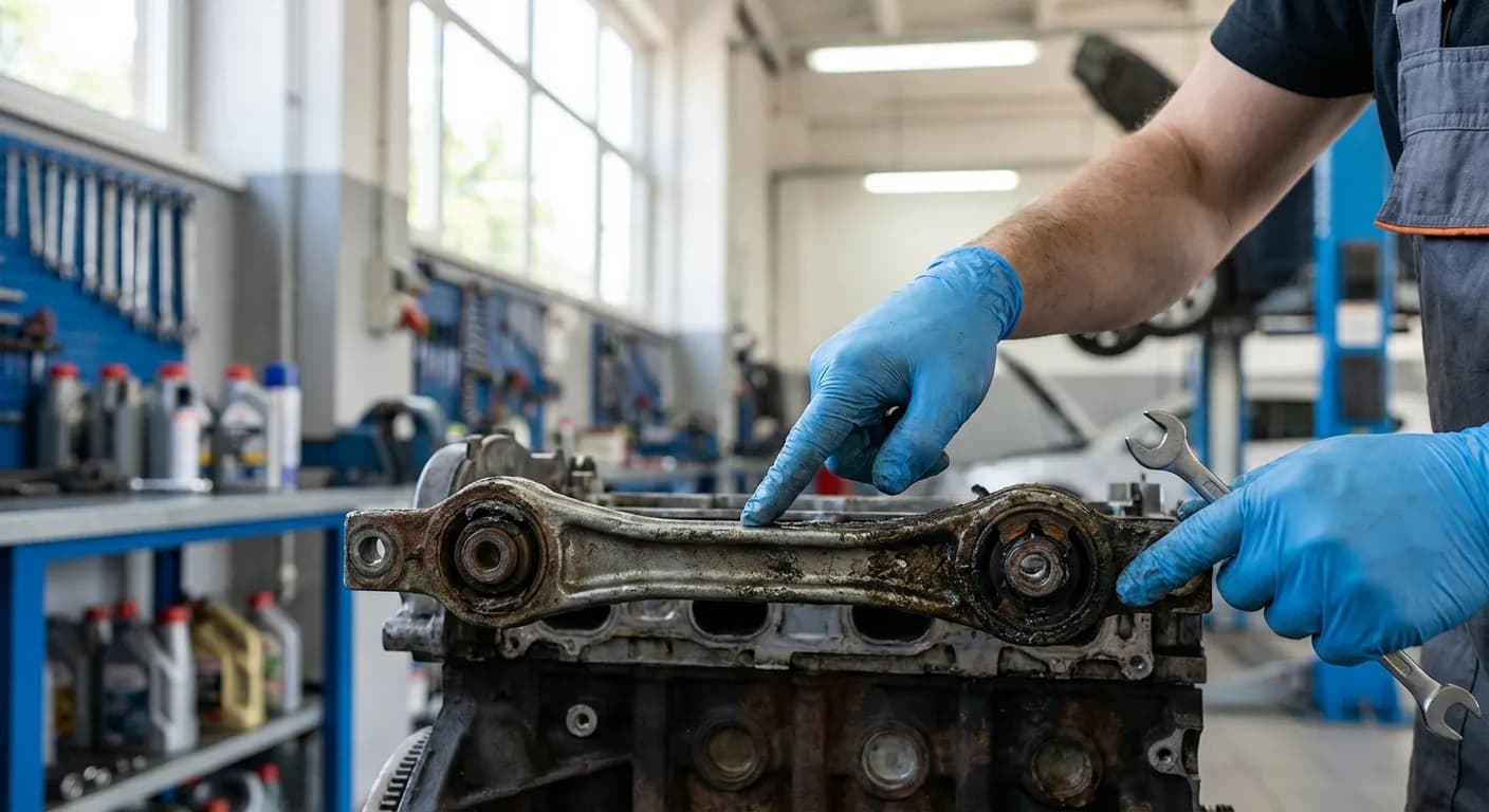 Un mécanicien examine une biellette de reprise de couple usée dans un atelier, soulignant l'usure de la pièce.