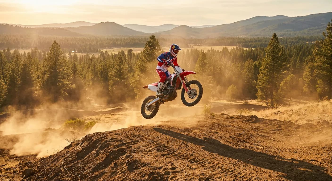Motocross en pleine action sur un chemin de terre, illustrant l'équilibre entre passion et légalité.