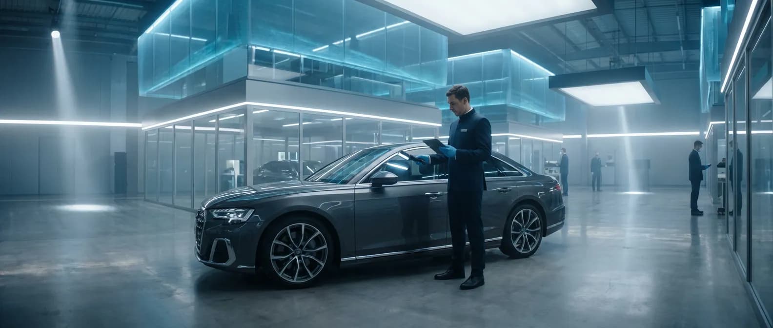 Voiture de luxe importée dans un environnement futuriste, inspection professionnelle, lumière cinématographique.